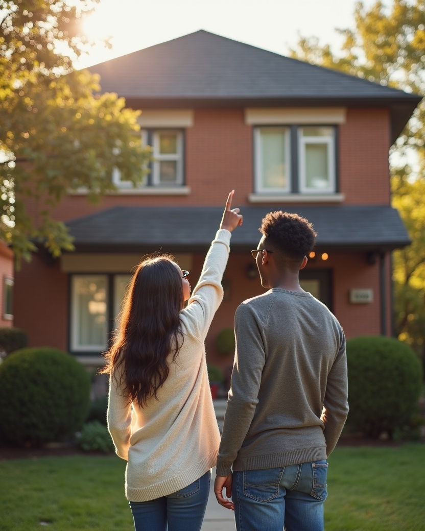 A young couple looking at the front of a brick home they're considering.