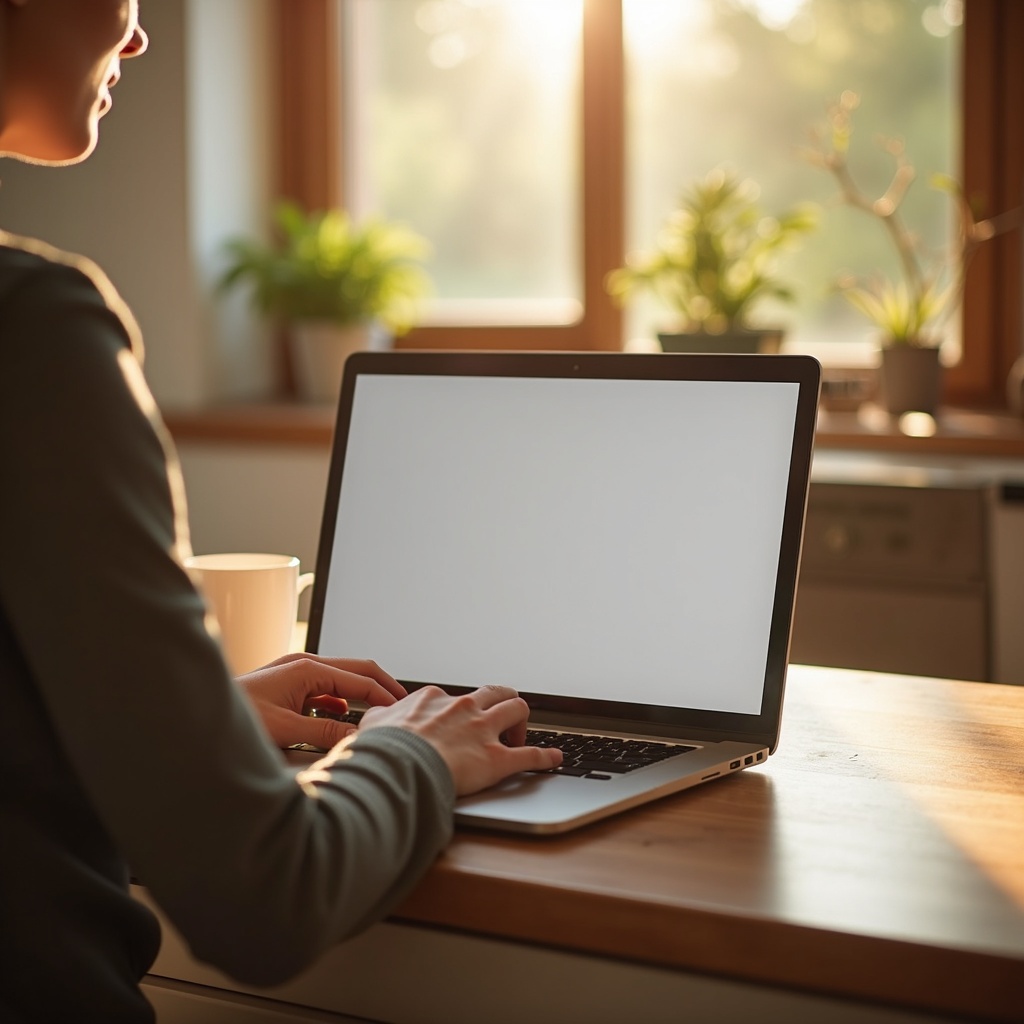 Composing an email from a sunlit kitchen.
