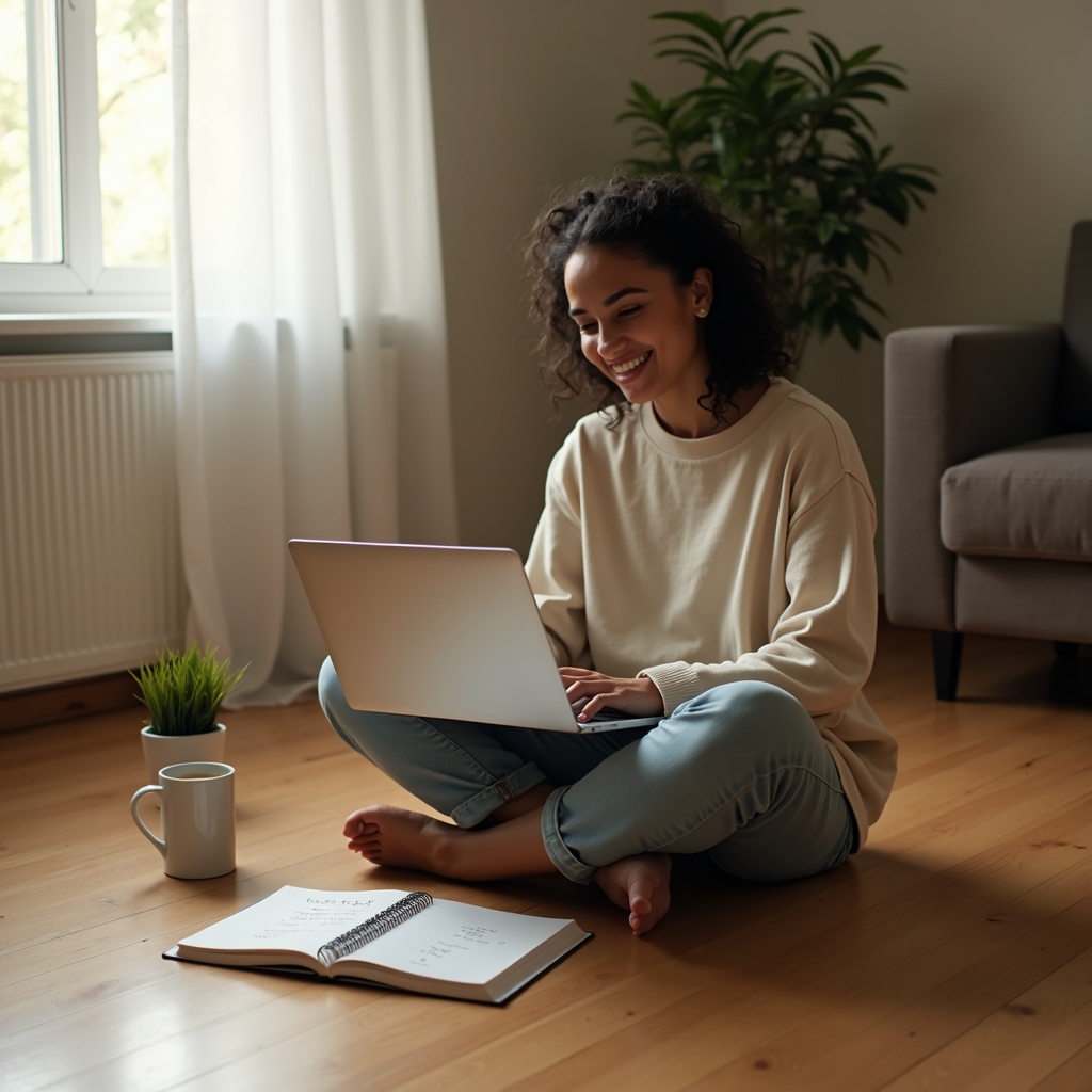 A first-time buyer working through her savings plan at home.