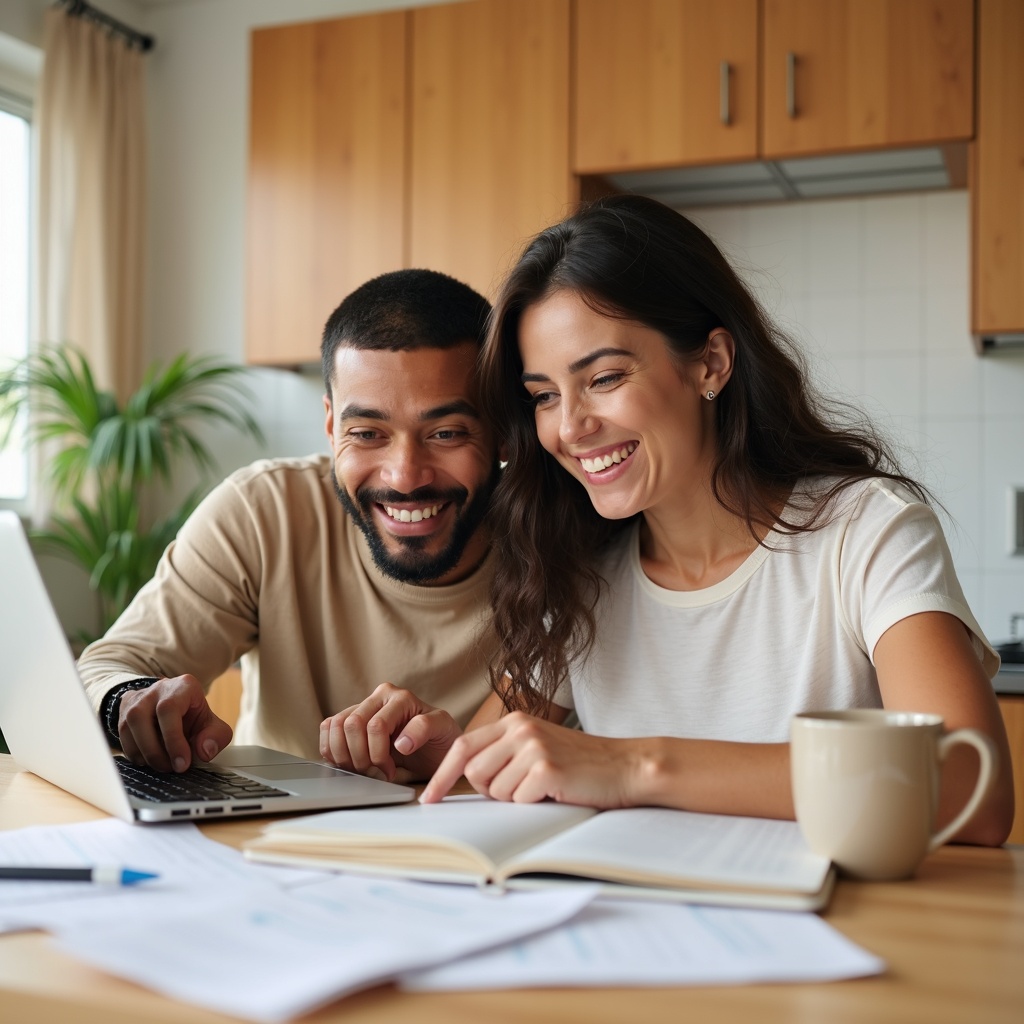 A couple reviewing mortgage options together at their kitchen island.