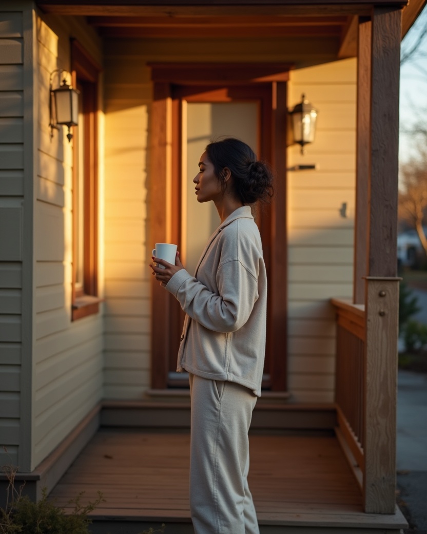 A new homeowner standing on her front porch with a coffee, watching the street wake up.